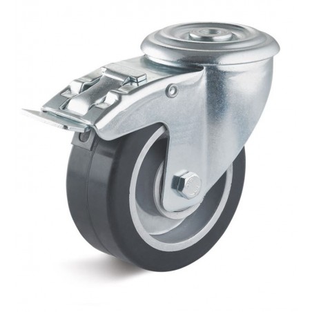 Bremsrolle mit Elastik-Gummirad  80 mm schwarz Aluminium-Druckgussfelge Kugellager Rückenloch  10 mmRollt leicht über Schwellen 