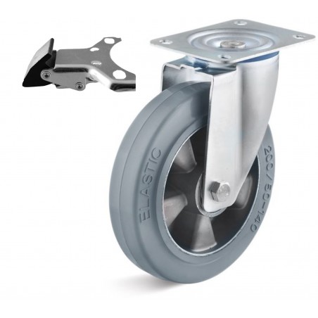 Bremsrolle mit Elastik-Gummirad  130 mm grau Aluminium-Druckgussfelge Kugellager Richtungsfeststeller