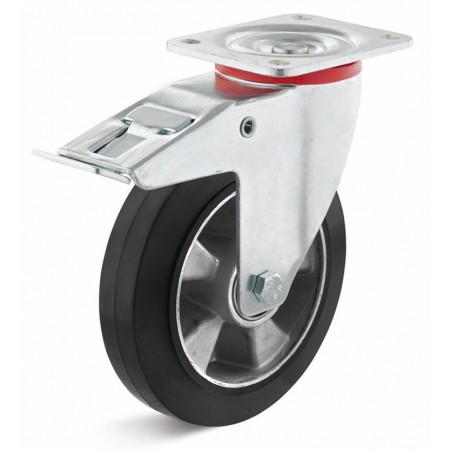 Schwere Bremsrolle mit Elastik-Gummirad  100 mm schwarz Aluminium-Druckgussfelge KugellagerRollt leicht über Schwellen und Unebe