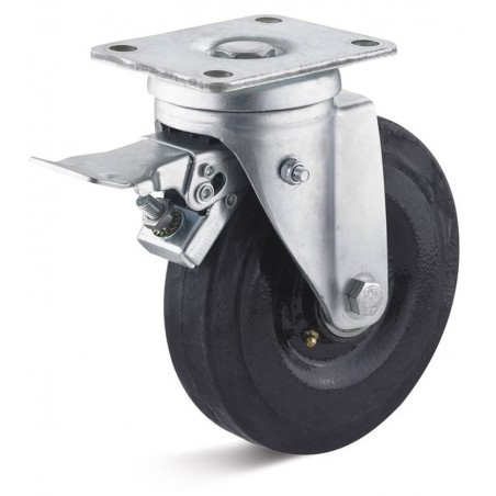 Schwerlast-Bremsrolle mit Elastik-Gummirad  160 mm schwarz Stahlblechfelge KugellagerRollt leicht über Schwellen und Unebenheite