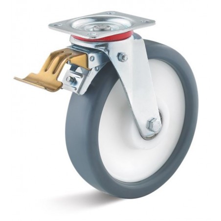 Bremsrolle mit thermoplastischem Gummirad  250 mm grau Kunststofffelge Kugellager