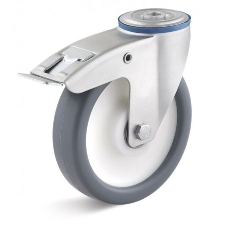 Bremsrolle mit thermoplastischem Gummirad  80 mm grau Kunststofffelge Kugellager Rückenloch  10 mm