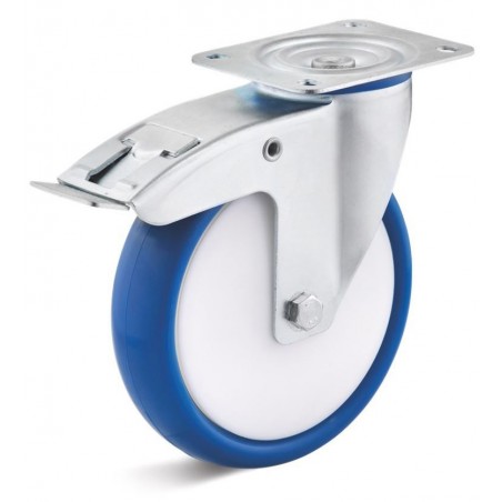 Bremsrolle mit Polyurethanrad  125 mm blau Polyamidfelge Kugellager Fadenschutzscheiben grosse Platte