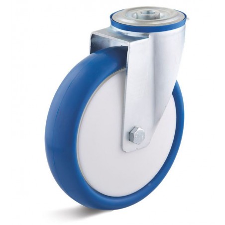 Lenkrolle mit Polyurethanrad  160 mm blau Polyamidfelge Kugellager Fadenschutzscheiben Rückenloch  16 mm