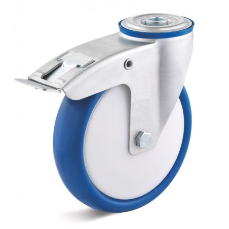 Bremsrolle mit Polyurethanrad  125 mm blau Polyamidfelge Kugellager Fadenschutzscheiben Rückenloch  10 mm