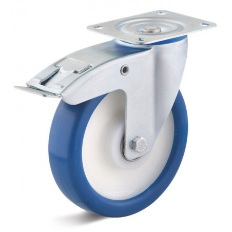 Bremsrolle mit Polyurethanrad  100 mm blau Polyamidfelge Kugellager grosse Platte