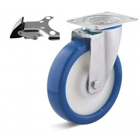Bremsrolle mit Polyurethanrad  160 mm blau Polyamidfelge Kugellager Richtungsfeststeller