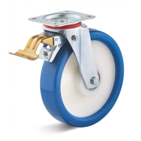 Bremsrolle mit Polyurethanrad  250 mm blau Polyamidfelge Kugellager grosse Platte