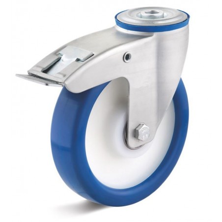 Bremsrolle mit Polyurethanrad  125 mm blau Polyamidfelge Kugellager Rückenloch  10 mm