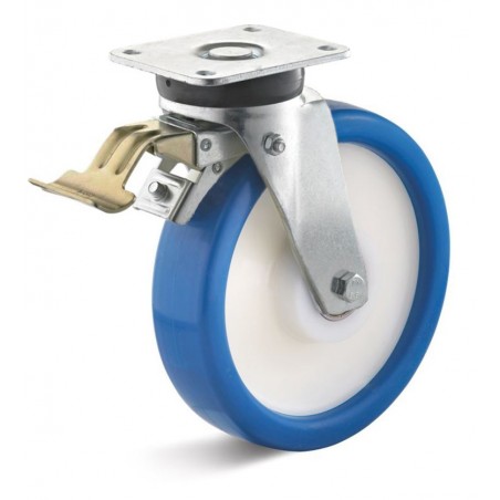 Bremsrolle mit Polyurethanrad  250 mm blau Polyamidfelge Kugellager