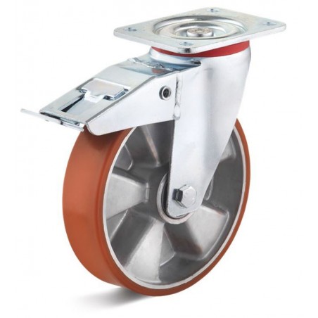 Bremsrolle mit Polyurethanrad  125 mm braun Aluminium-Druckgussfelge KugellagerBesonders unempfindlich gegen Stösse und Schläge