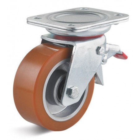 Bremsrolle mit Polyurethanrad Ø 100 mm braun, 
Aluminium-Druckgussfelge, Kugellager_5516