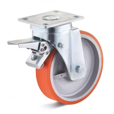 Bremsrolle mit Polyurethanrad  80x36 mm orange Spezial-Graugussfelge Kugellager
