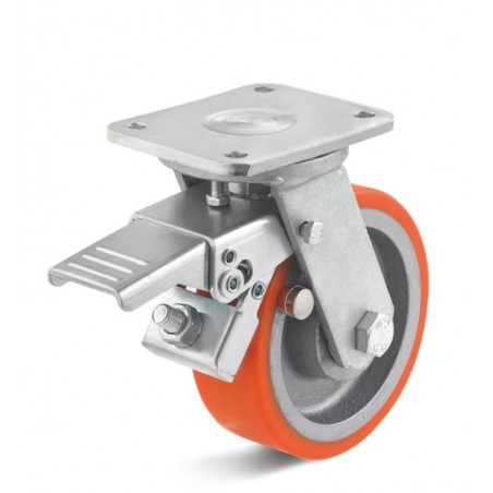 Bremsrolle mit Polyurethanrad  100 mm orange Spezial-Graugussfelge Kugellager