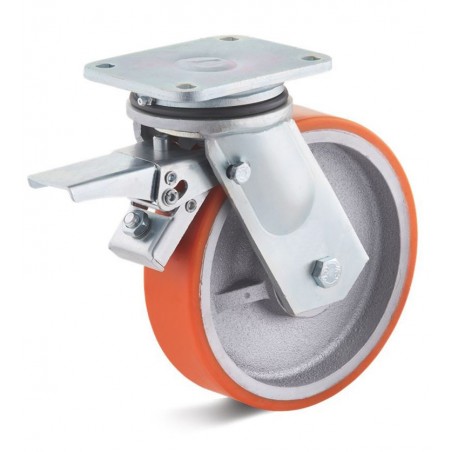 Bremsrolle mit Polyurethanrad  200x80 mm orange Spezial-Graugussfelge Kugellager