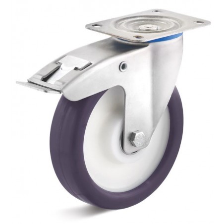Bremsrolle mit Elastik-Polyurethanrad  100 mm blaulila Polyamidfelge Kugellager