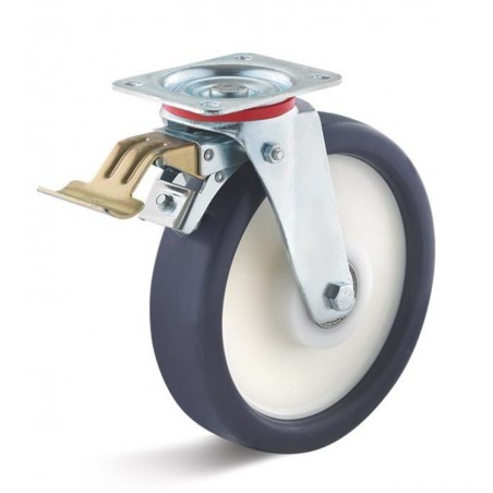 Bremsrolle mit Elastik-Polyurethanrad  250 mm blaulila Polyamidfelge Kugellager grosse Platte