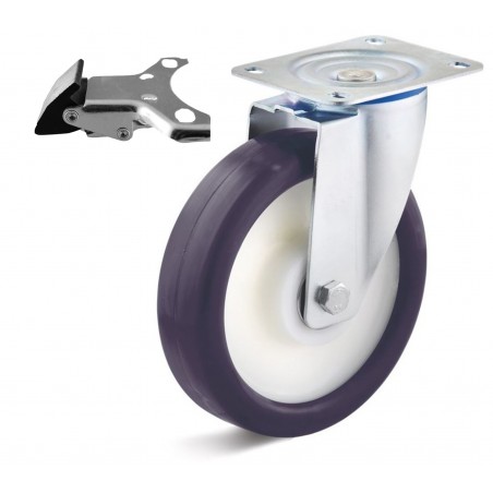 Bremsrolle mit Elastik-Polyurethanrad  125 mm blaulila Polyamidfelge Kugellager Richtungsfeststeller