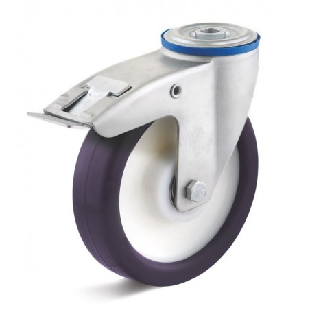 Bremsrolle mit Polyurethanrad  100 mm blaulilaPolyamidfelge Kugellager Rückenloch  12 mm