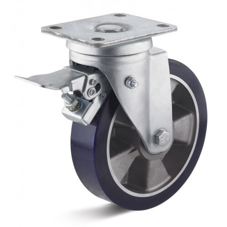 Bremsrolle mit Elastik-Polyurethanrad  100 mm blauAluminium-Druckgussfelge Kugellager