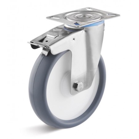 Edelstahl-Bremsrolle mit thermoplastischem Gummirad  100 mm grau Kunststofffelge Edelstahl-Kugellager