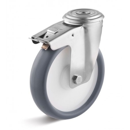 Edelstahl-Bremsrolle mit thermoplastischem Gummirad  80 mm grau Kunststofffelge Edelstahl-Kugellager Rückenloch  10 mm