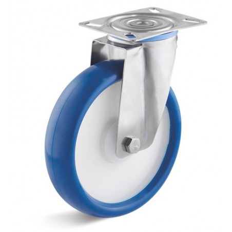 Edelstahl-Lenkrolle mit Polyurethanrad  100 mm blau Kunststofffelge Edelstahl-Kugellager
