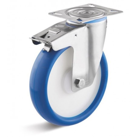 Edelstahl-Bremsrolle mit Polyurethanrad  80 mm blau Kunststofffelge Edelstahl-Kugellager