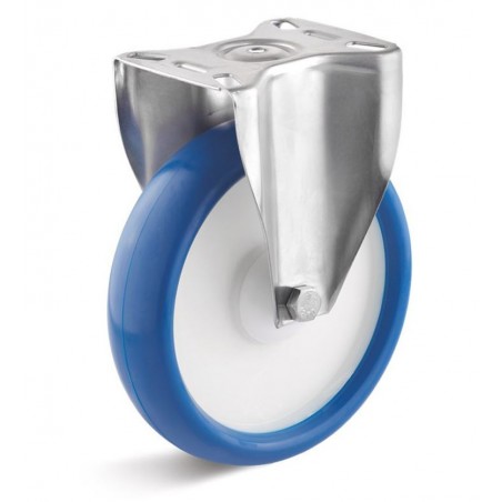 Edelstahl-Bockrolle mit Polyurethanrad  80 mm blau Kunststofffelge Edelstahl-Kugellager