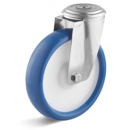 Edelstahl-Lenkrolle mit Polyurethanrad  80 mm blau Kunststofffelge Edelstahl-Kugellager Rückenloch  10 mm