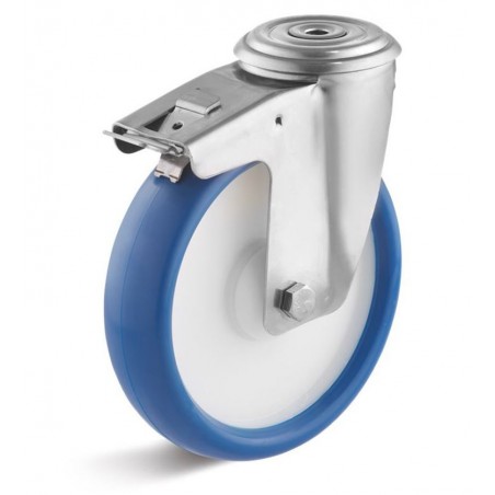 Edelstahl-Bremsrolle mit Polyurethanrad  80 mm blau Kunststofffelge Edelstahl-Kugellager Rückenloch  10 mm