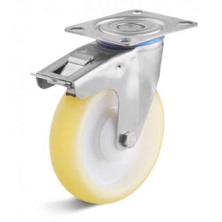 Edelstahl-Bremsrolle mit Elastik-Polyurethanrad  80 mm honigfarben Kunststofffelge Edelstahl-Kugellager