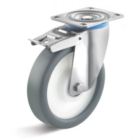 Edelstahl-Bremsrolle mit thermoplastischem Gummirad  80 mm grau Kunststofffelge Edelstahl-Kugellager