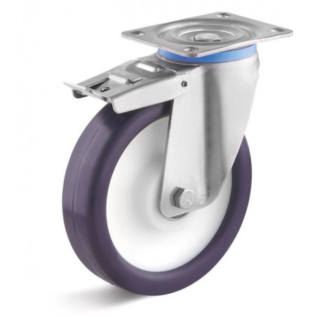 Edelstahl-Bremsrolle mit Elastik-Polyurethanrad  100 mm blaulila Kunststofffelge Edelstahl-Kugellager