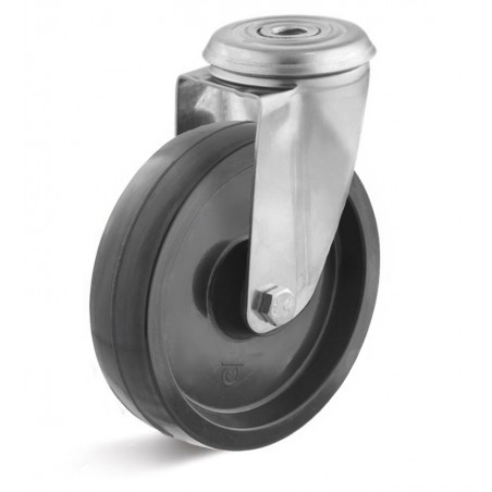 Edelstahl-Lenkrolle mit Kunststoffrad  80 mm schwarz Gleitlager hitzebeständig Rückenloch  10 mm
