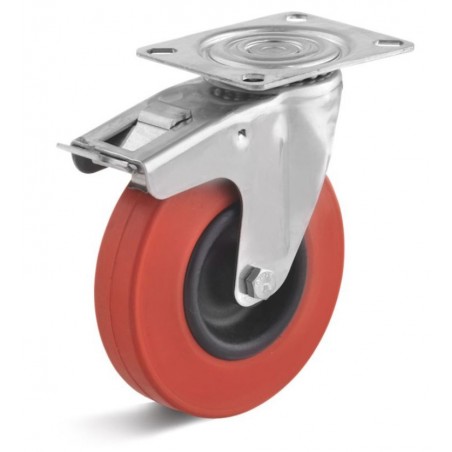 Edelstahl-Bremsrolle mit Vollgummirad  100 mm rot Gleitlager hitzebeständig