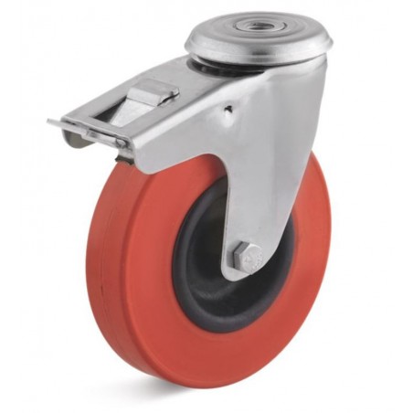 Edelstahl-Bremsrolle mit Kunststoffrad  100 mm rot Gleitlager hitzebeständig Rückenloch  10 mm