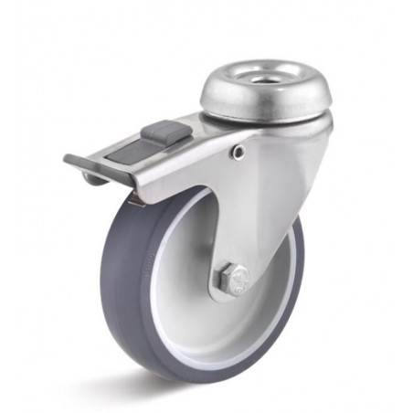 Edelstahl-Bremsrolle mit thermoplastischem Gummirad  50 mm grau Kunststofffelge Gleitlager Rückenloch 10 mm
