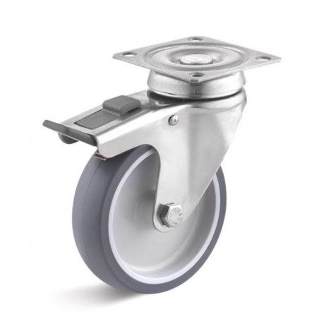 Edelstahl-Bremsrolle mit thermoplastischem Gummirad  50 mm grau Kunststofffelge Gleitlager