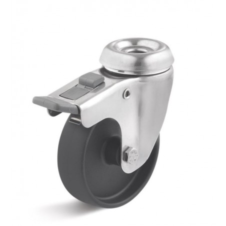 Edelstahl-Bremsrolle mit Polyamidrad  50 mm schwarz Gleitlager Rückenloch 10 mm