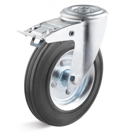 Bremsrolle mit Vollgummirad  80 mm schwarz Stahlblechfelge Rollenlager Rückenloch  10 mm