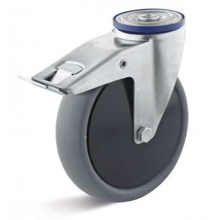 Bremsrolle mit thermoplastischem Gummirad  100 mm grau Kunststofffelge Kugellager elektrisch leitfähig Rückenloch 12 mm