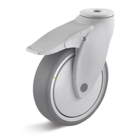 Kunststoff-Bremsrolle mit thermoplastischem Gummirad  100 mm grau Kunststofffelge Kugellager elektrisch leitfähig Rückenloch 10 
