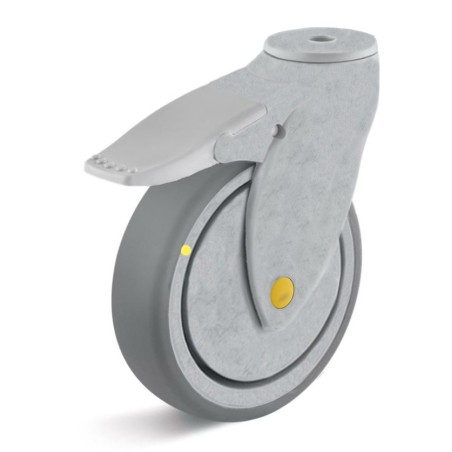 Kunststoff-Bremsrolle mit thermoplastischem Gummirad  125 mm grau Kunststofffelge Kugellager elektrisch leitfähig Rückenloch 10 