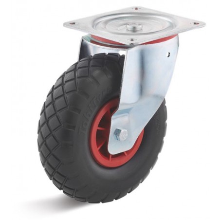 Lenkrolle mit geschäumtem Polyurethanrad  245 mm schwarzPolyamidfelge rot RollenlagerDie pannensichere Alternative zum Luftrad