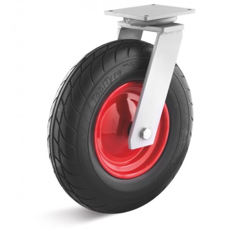 Lenkrolle mit geschäumtem Polyurethanrad  400 mm schwarzStahlblechfelge rot RollenlagerDie pannensichere Alternative zum Luftrad